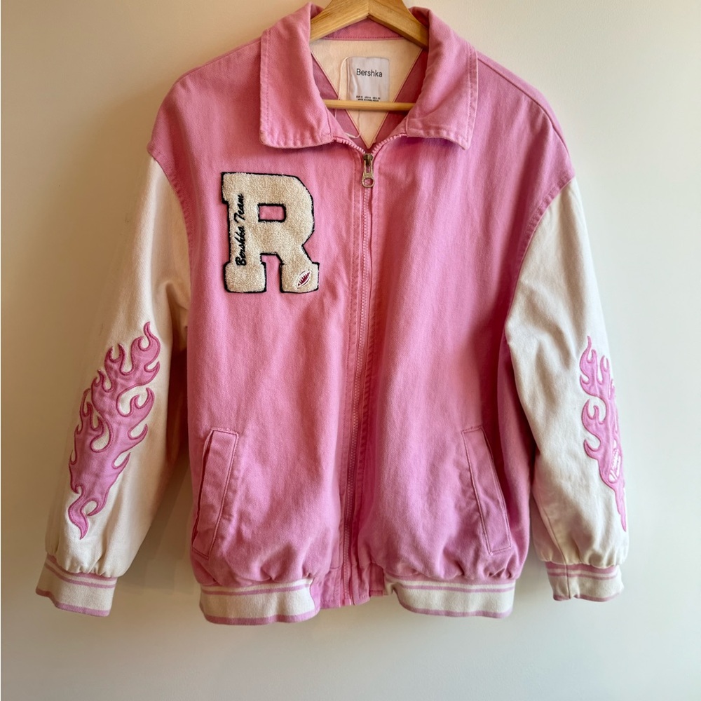 Pink and White Varsity Jacket with Flame Details